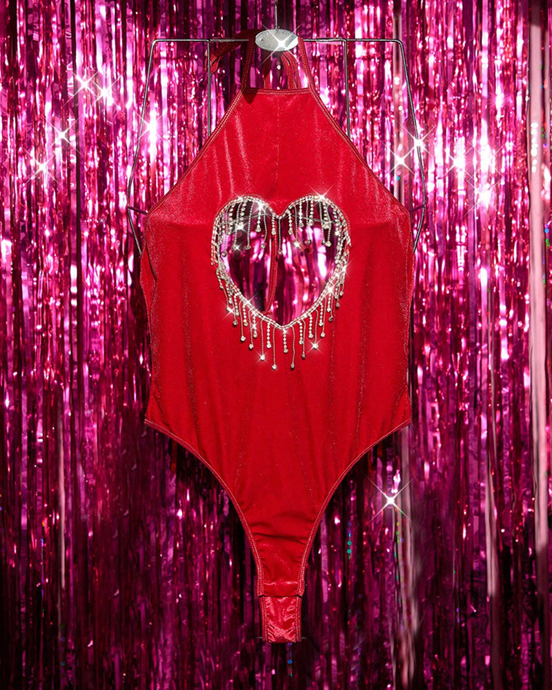 Velvet Rhinestone Heart Cut Out Bodysuit