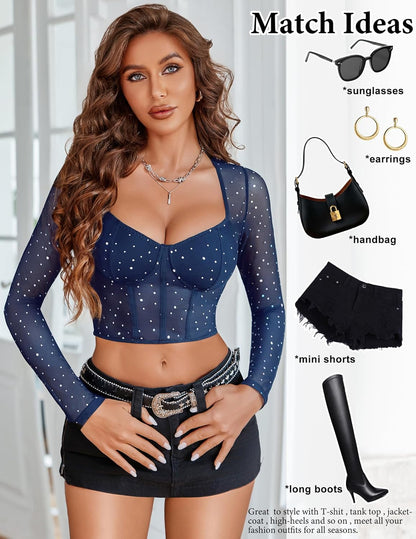 Long Sleeve Rhinestone Crop Top