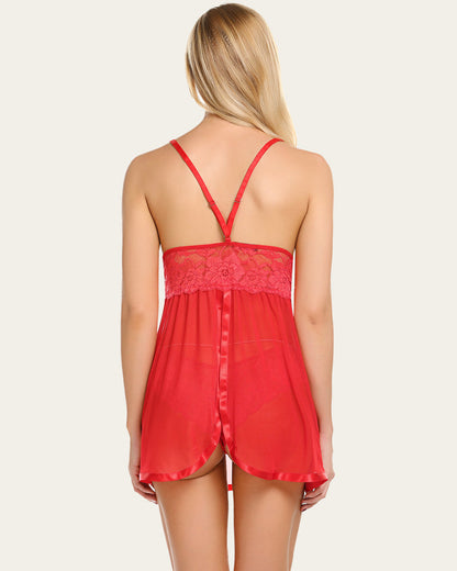 Lace Strap V Neck Mesh Nightgown