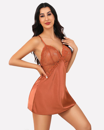 V Neck Satin Lace Nightwear