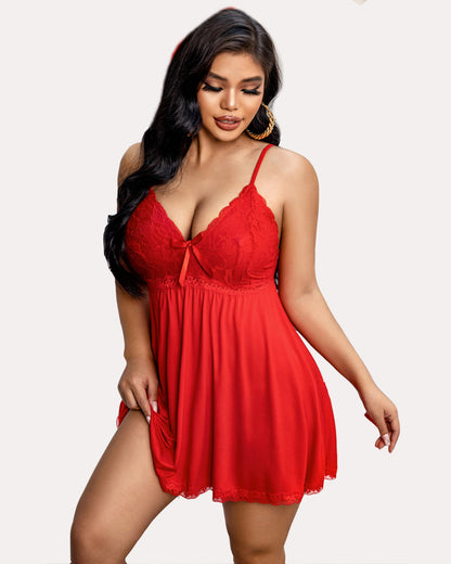 Solid Babydoll Lace V-neck Lounge Dress
