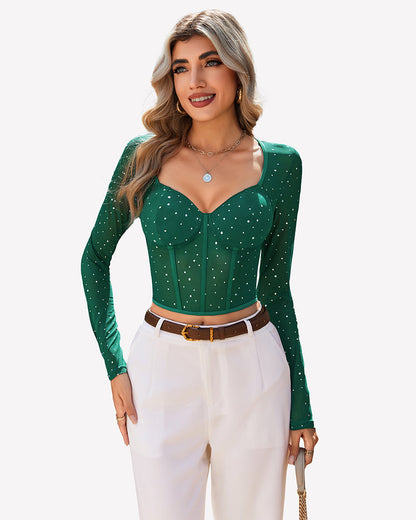 Long Sleeve Rhinestone Crop Top