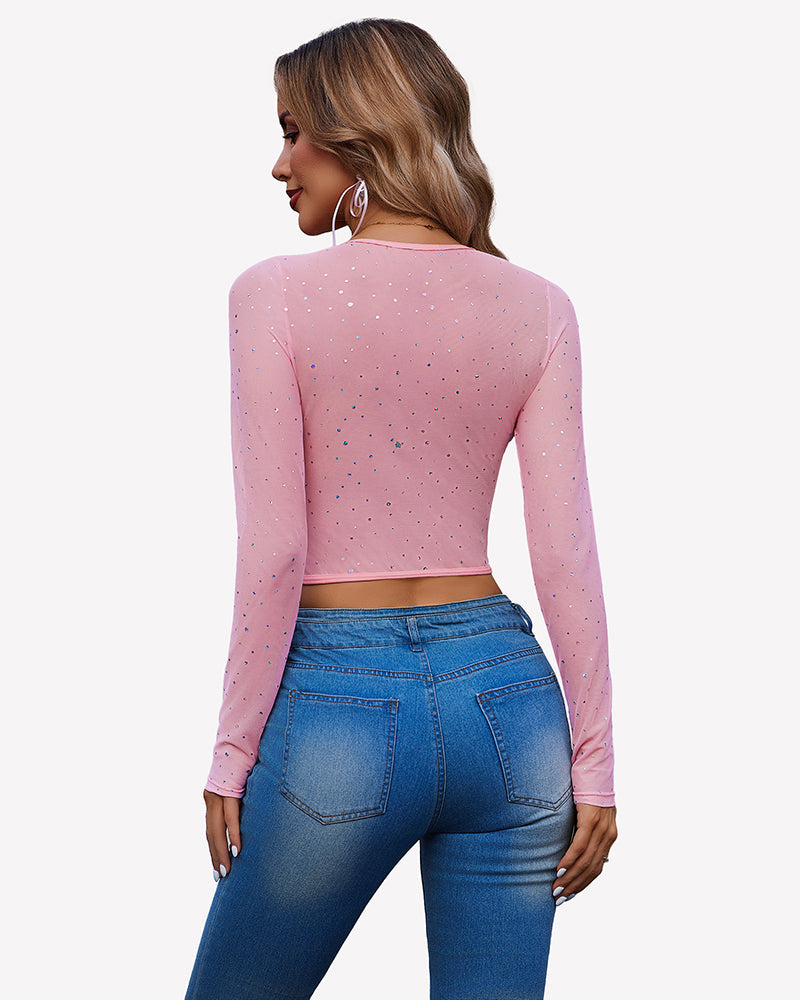Long Sleeve Rhinestone Crop Top