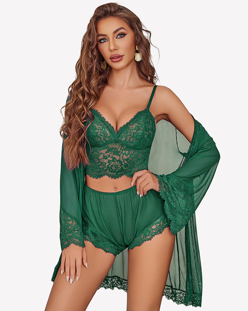 Lace Bralette and Panty Sets With Mesh Kimono Robe