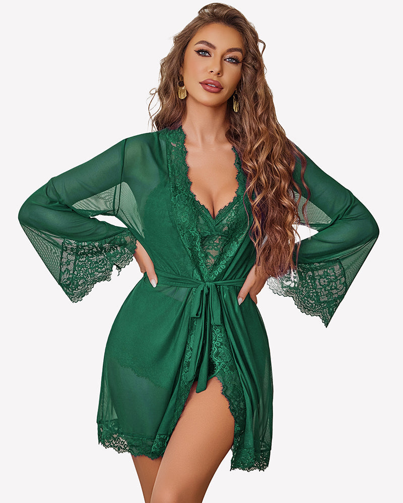 Lace Bralette and Panty Sets With Mesh Kimono Robe