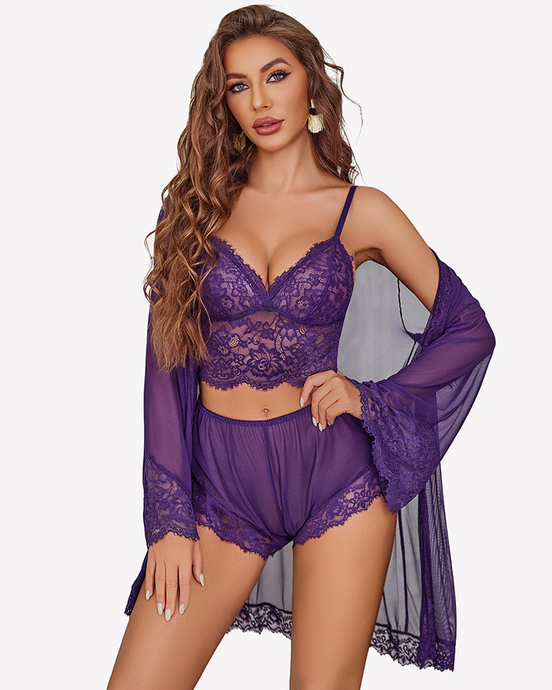 Lace Bralette and Panty Sets With Mesh Kimono Robe