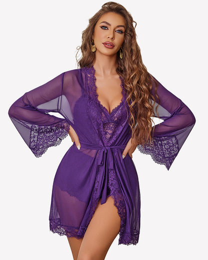 Lace Bralette and Panty Sets With Mesh Kimono Robe