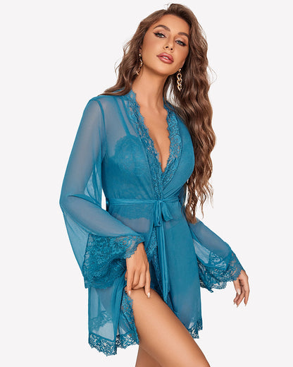 Lace Bralette and Panty Sets With Mesh Kimono Robe