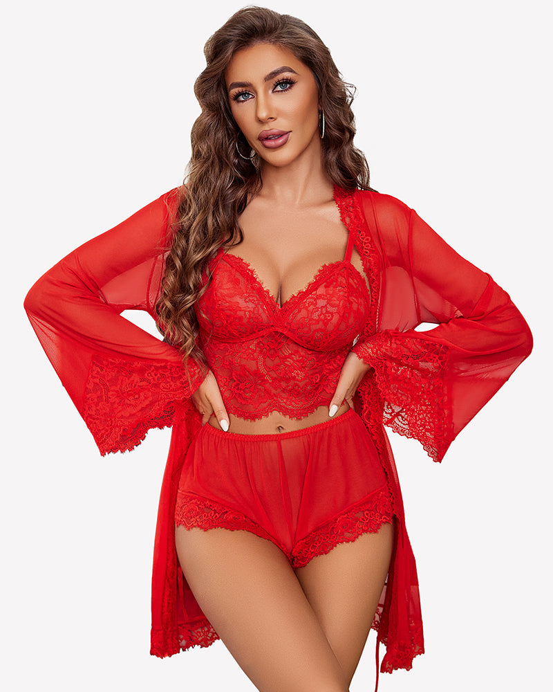 Lace Bralette and Panty Sets With Mesh Kimono Robe