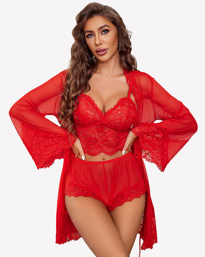Lace Bralette and Panty Sets With Mesh Kimono Robe