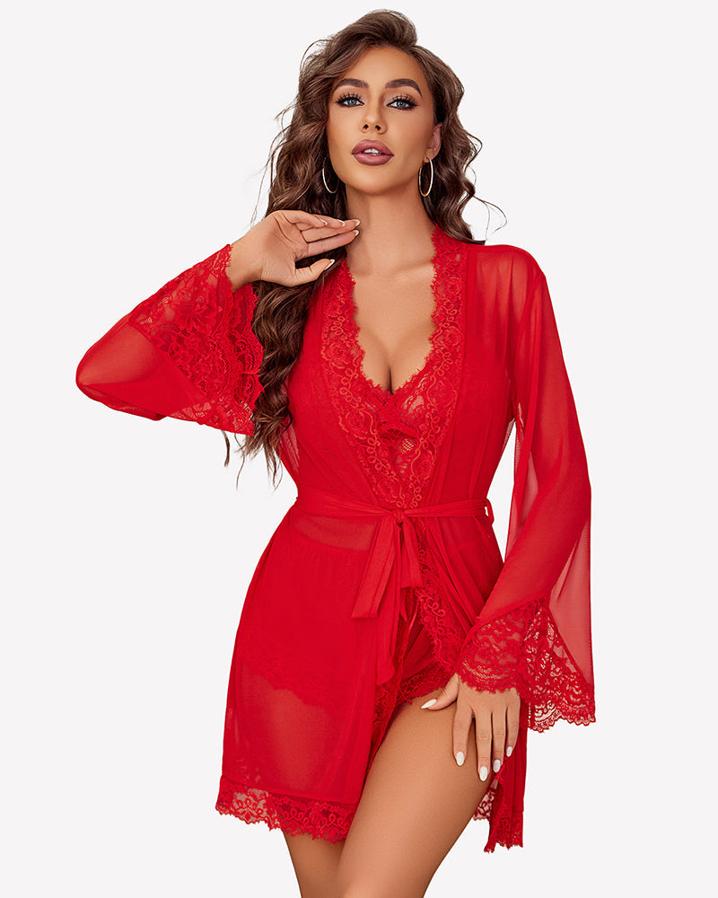 Lace Bralette and Panty Sets With Mesh Kimono Robe