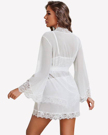 Lace Bralette and Panty Sets With Mesh Kimono Robe