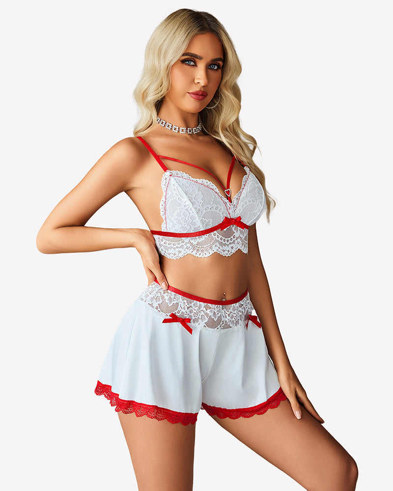 Lace Bra and Silk Satin Shorts with Mesh Robe