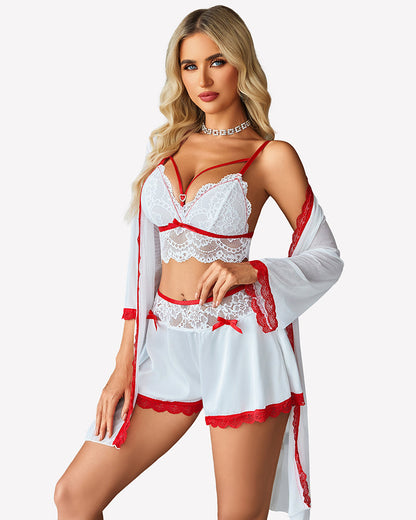 Lace Bra and Silk Satin Shorts with Mesh Robe