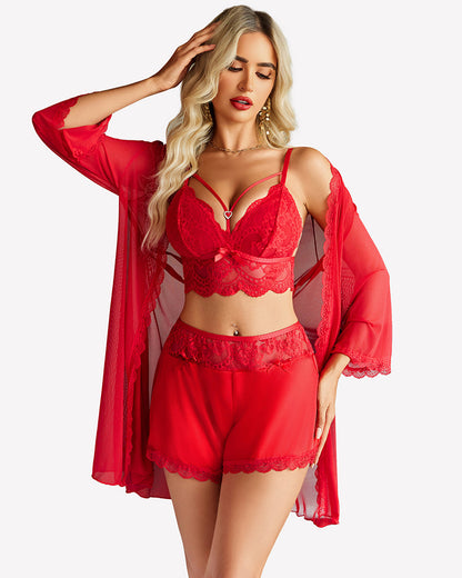 Lace Bra and Silk Satin Shorts with Mesh Robe