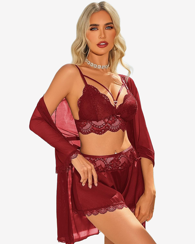 Lace Bra and Silk Satin Shorts with Mesh Robe