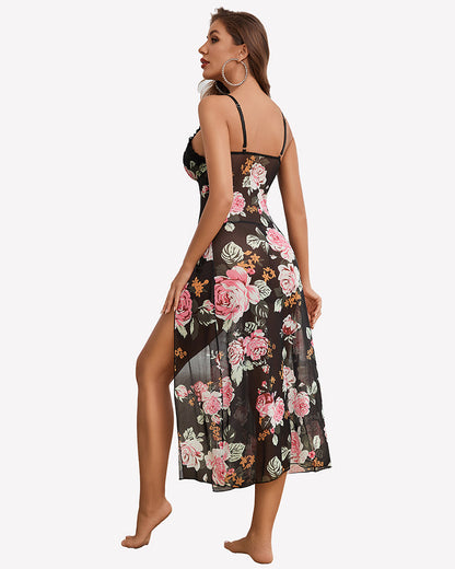 Split Mesh Lace Floral Dress with Thong Set