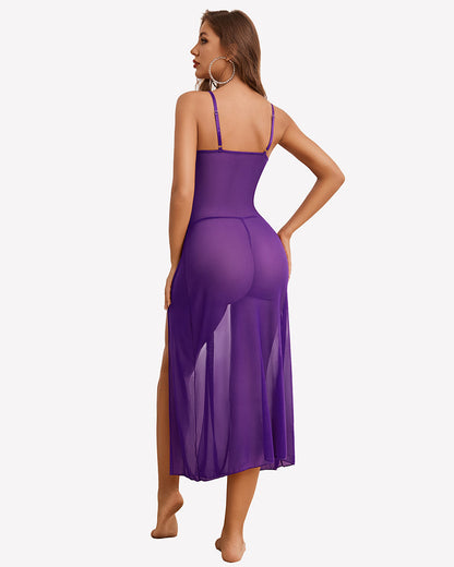 Split Mesh Lace Floral Dress with Thong Set