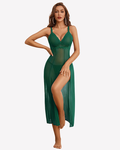 Split Mesh Lace Floral Dress with Thong Set