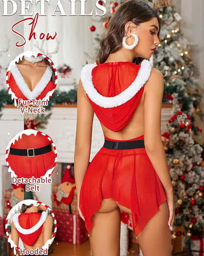 Christmas Mesh Santa Belts Hooded Chemise Set