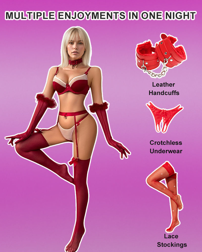 Bow Bra and Panty Set+Gloves+Stockings