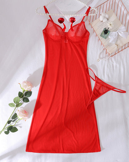 Red Sheer Mesh Nightgown with G-String