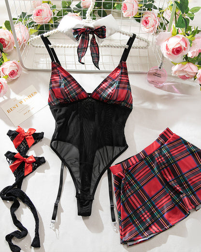 Bow Tie Bodysuit Skirt with Stockings