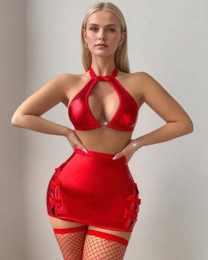 Cutout Halter Leather Skirt Set+Stockings