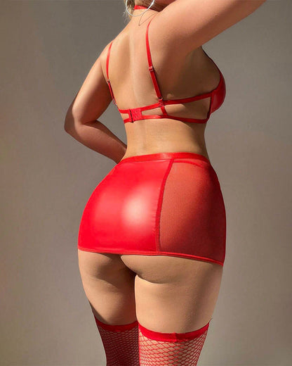 Cutout Halter Leather Mini Skirt Socks Set