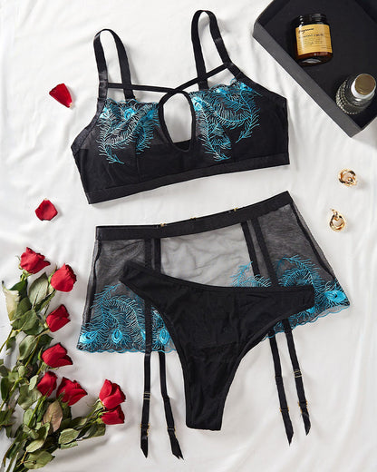 Sheer Feather Embroidered Lingerie Set