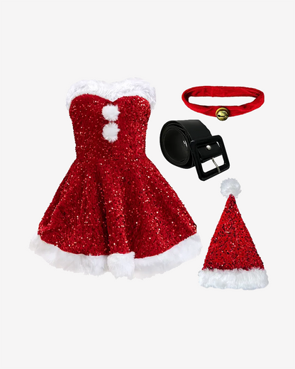 Santa Strapless Velvet Mini Dress with Hat